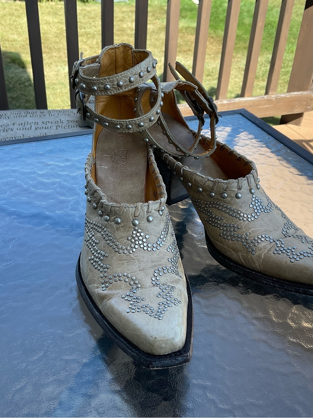 Beige Studded Leather Pointed-Toe Ankle-Strap Heels By Old Gringo - Picture 8 of 8